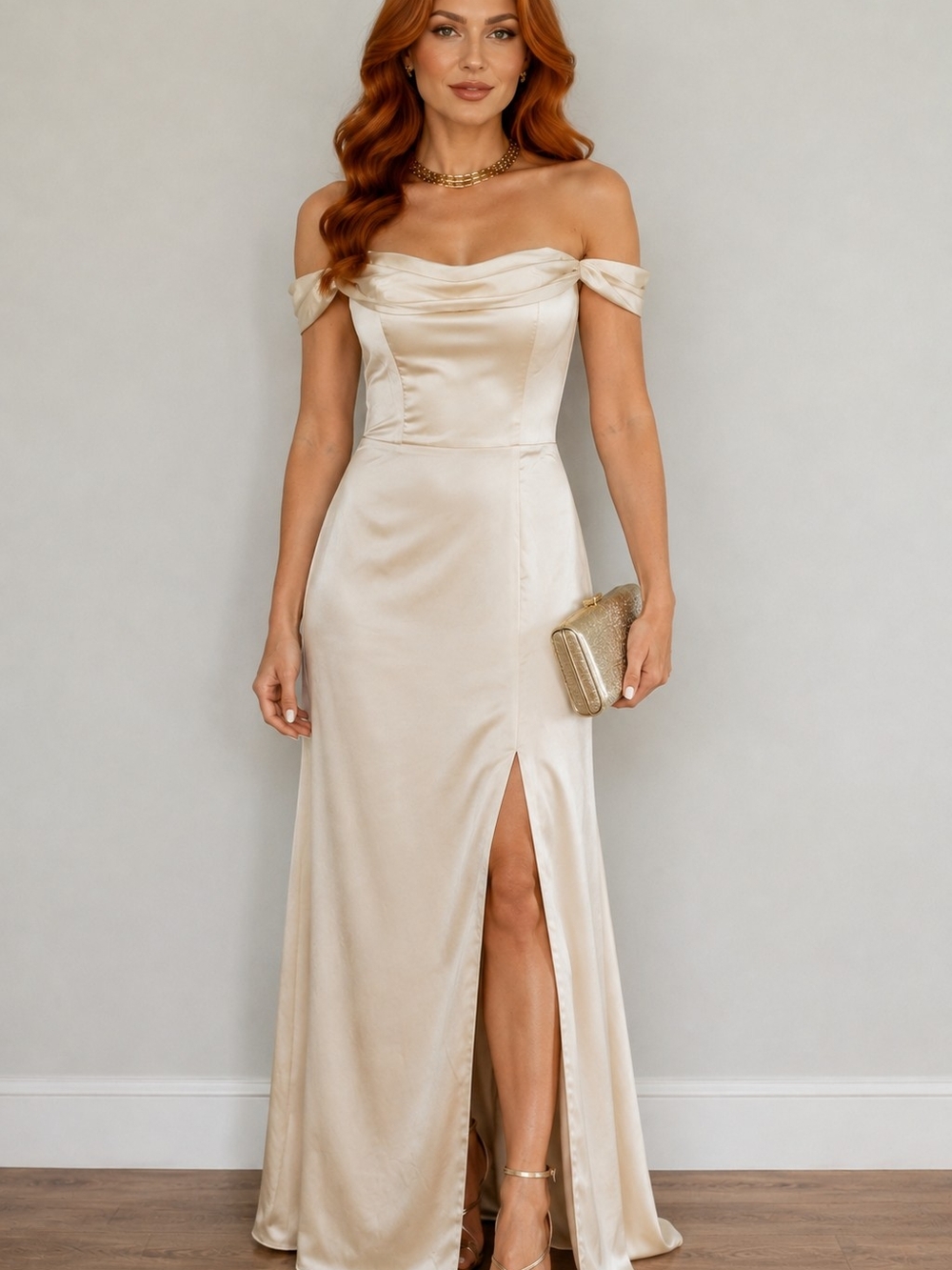 Off-Shoulder Satin Evening Gown in Champagne